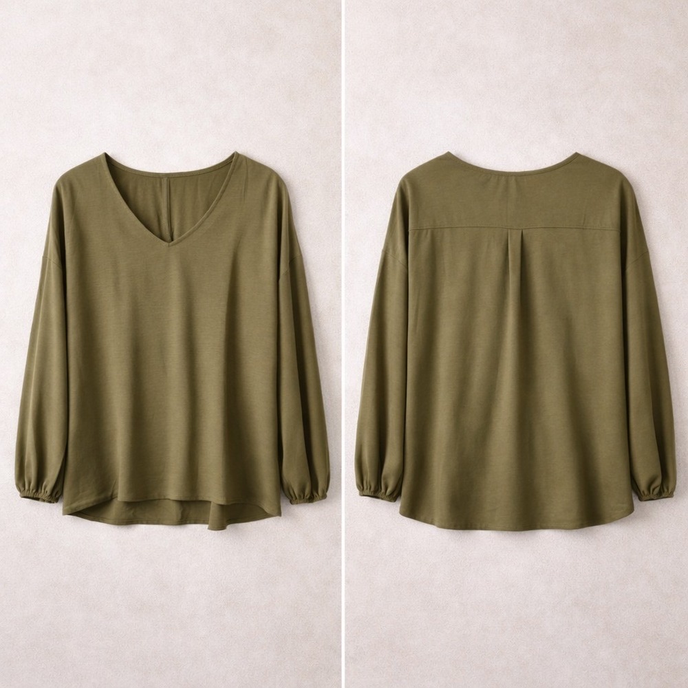 LAISHEN Olive Green V Neck Long‎ Sleeve Casual Blouse Top Women's Size L Layers